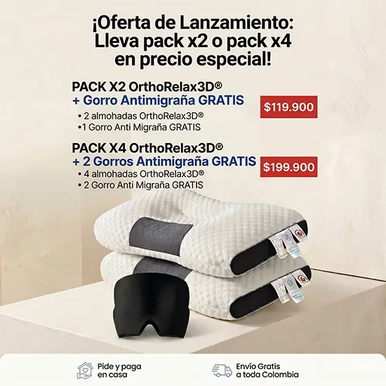 Pack 2x1 OrthoRelax3D®: Descanso con soporte ergonómico inteligente + Gorro anti migraña de obsequio.