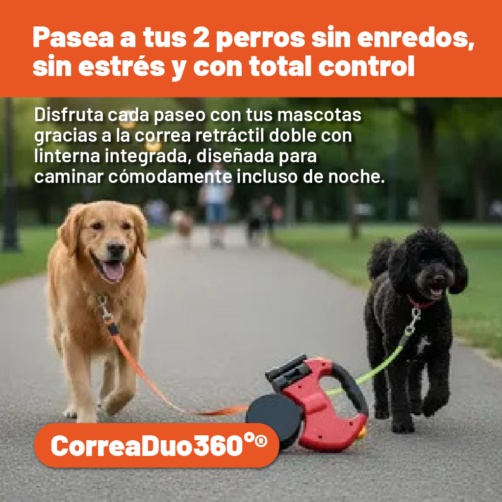 CorreaDuo360°®: Pasea dos perros sin enredos con una sola mano